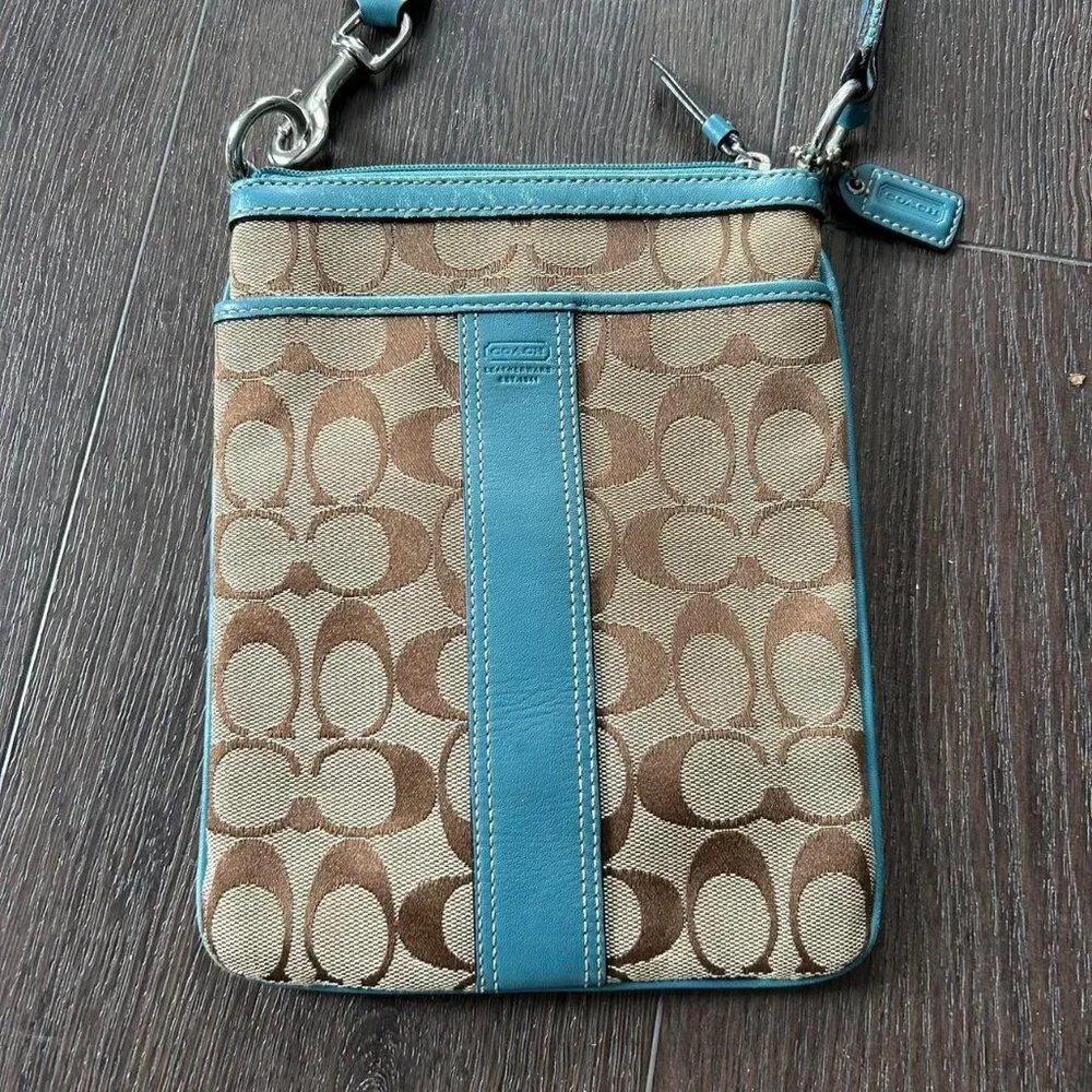 Coach Signature Canvas Leather Swingpack Crossbody bag in brown and teal - Picture 2 of 7